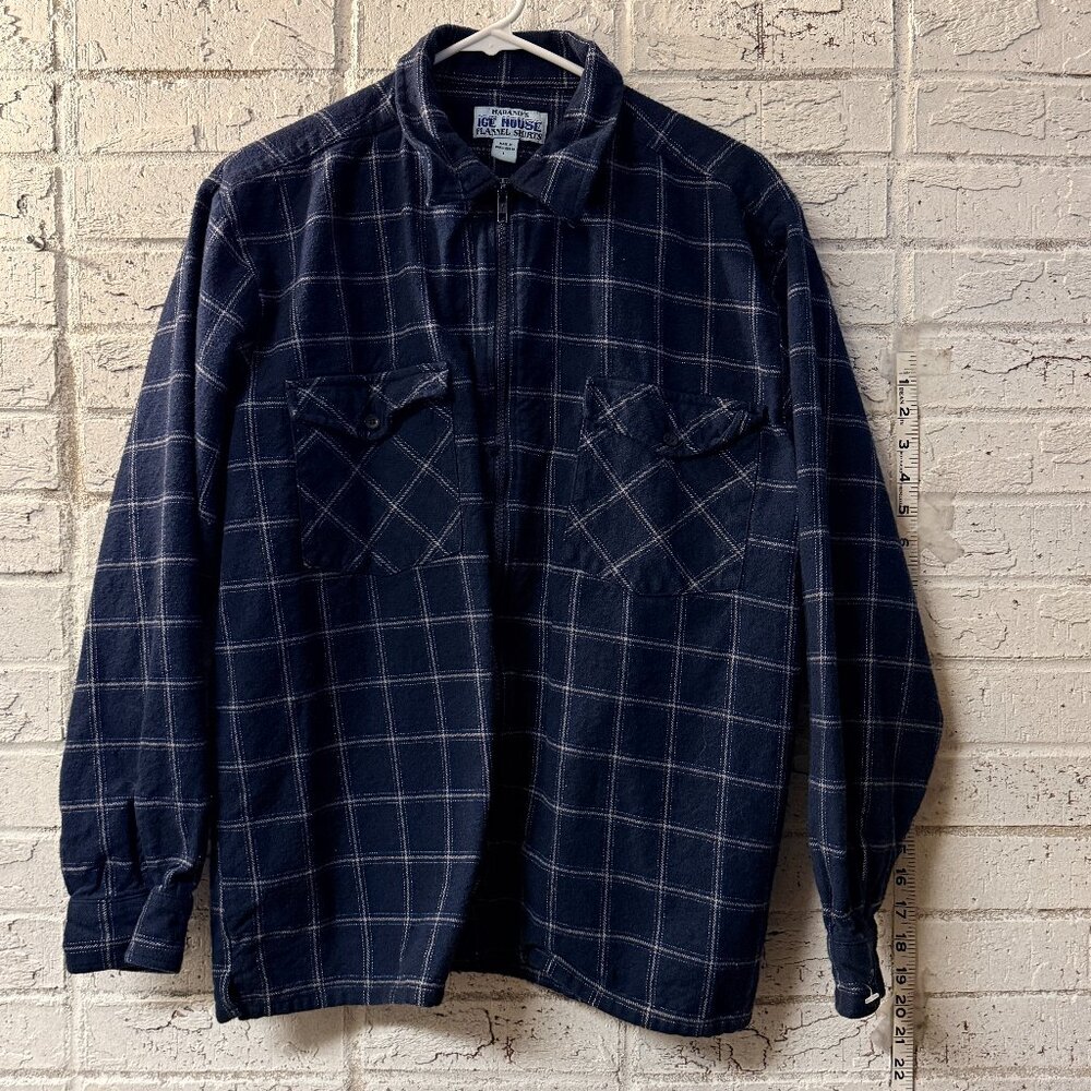 Haband Ice House Flannel Shirt Jacket Navy Plaid Zip Front L Heavyweight Workwea